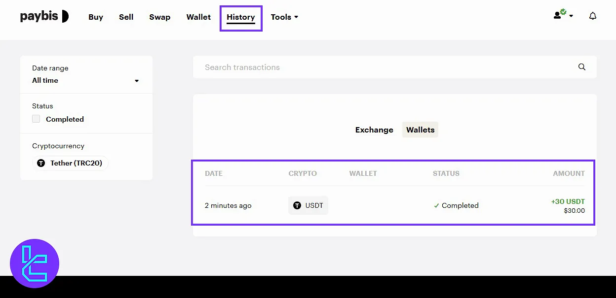 Viewing USDT TRC20 history on Paybis