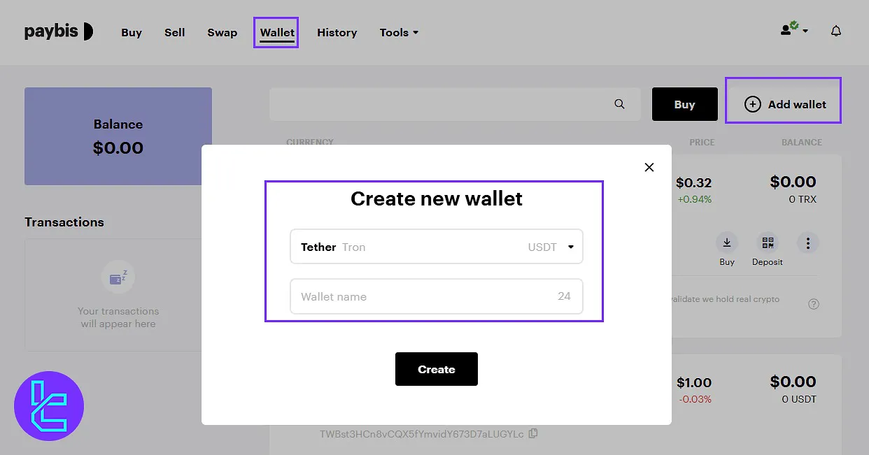 Create a Tether TRC20 wallet on Paybis to deposit