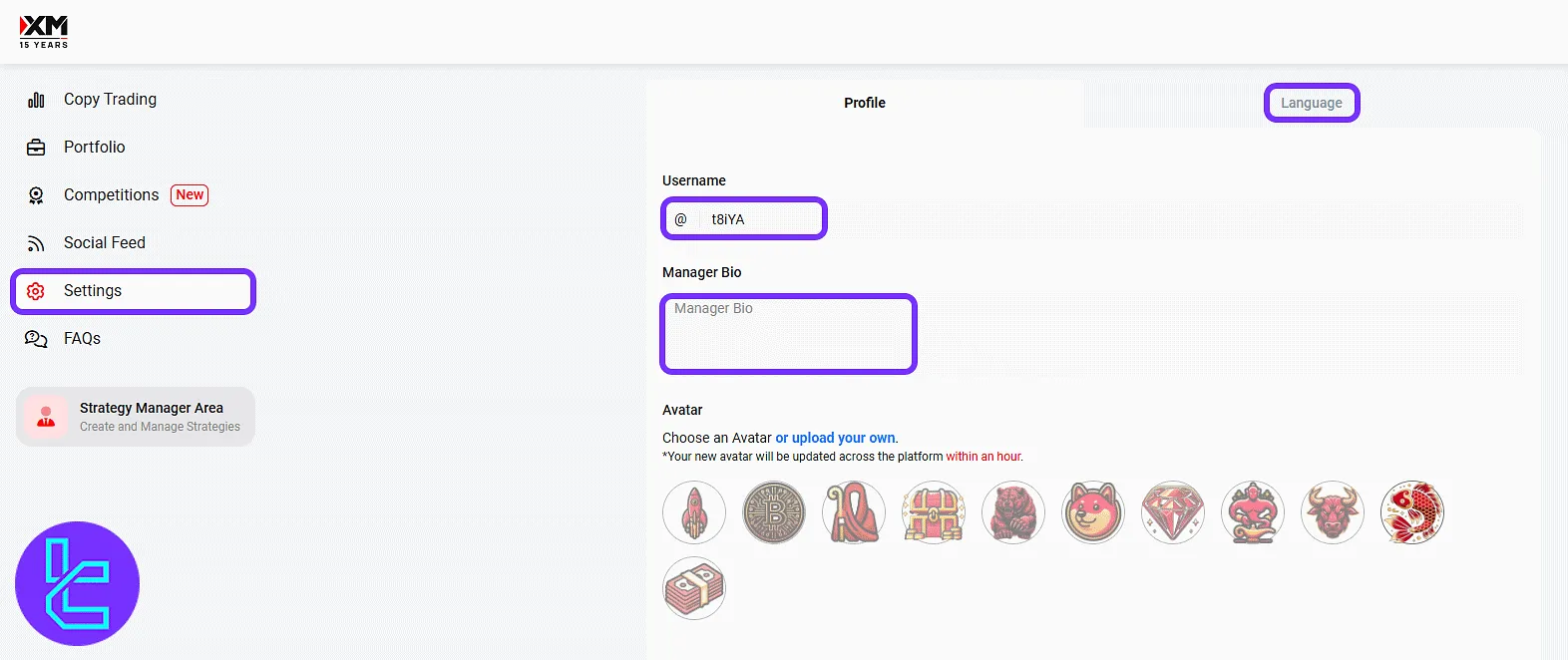 XM social trade profile settings and language configuration menu
