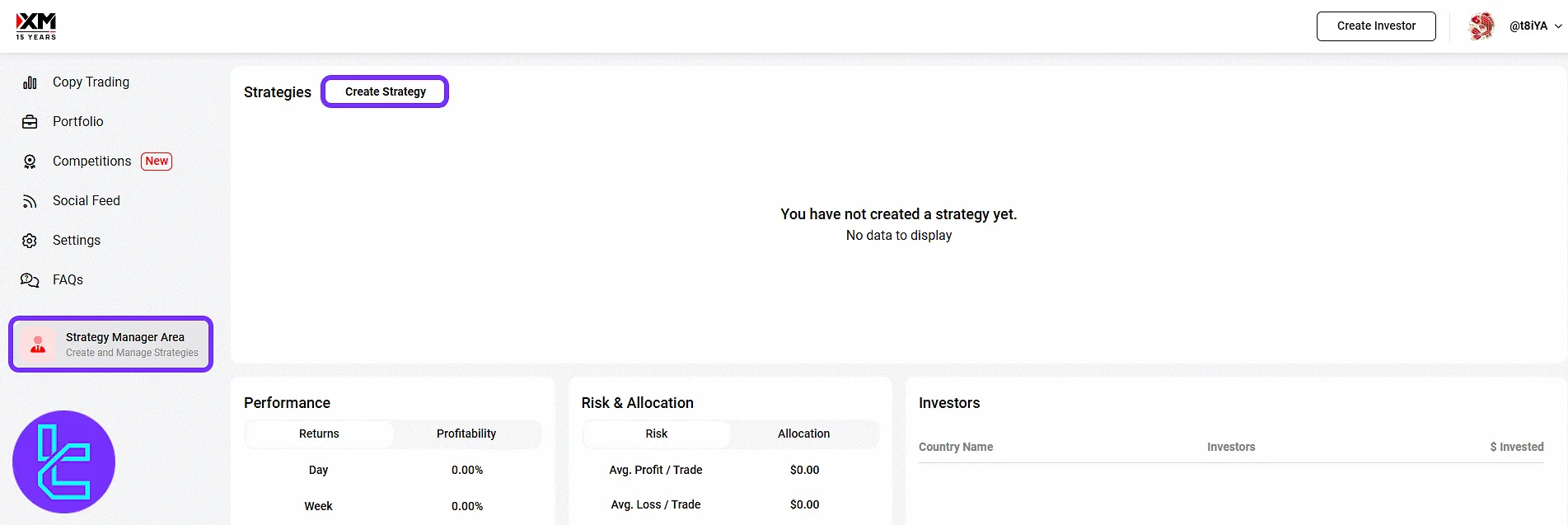 XM Group copy trade profile and language customization section