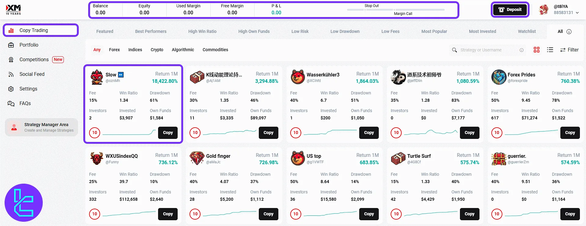 XM mirror trading strategy dashboard with investor account and deposit prompt