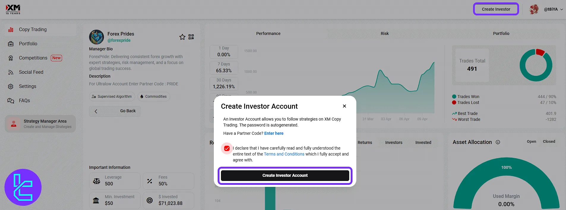 XM create an investor account confirmation window to start the social trading process