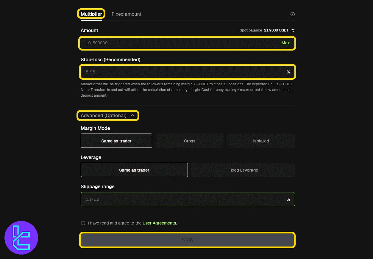 Bitunix "Multiplier" mode mirror trading setup screen
