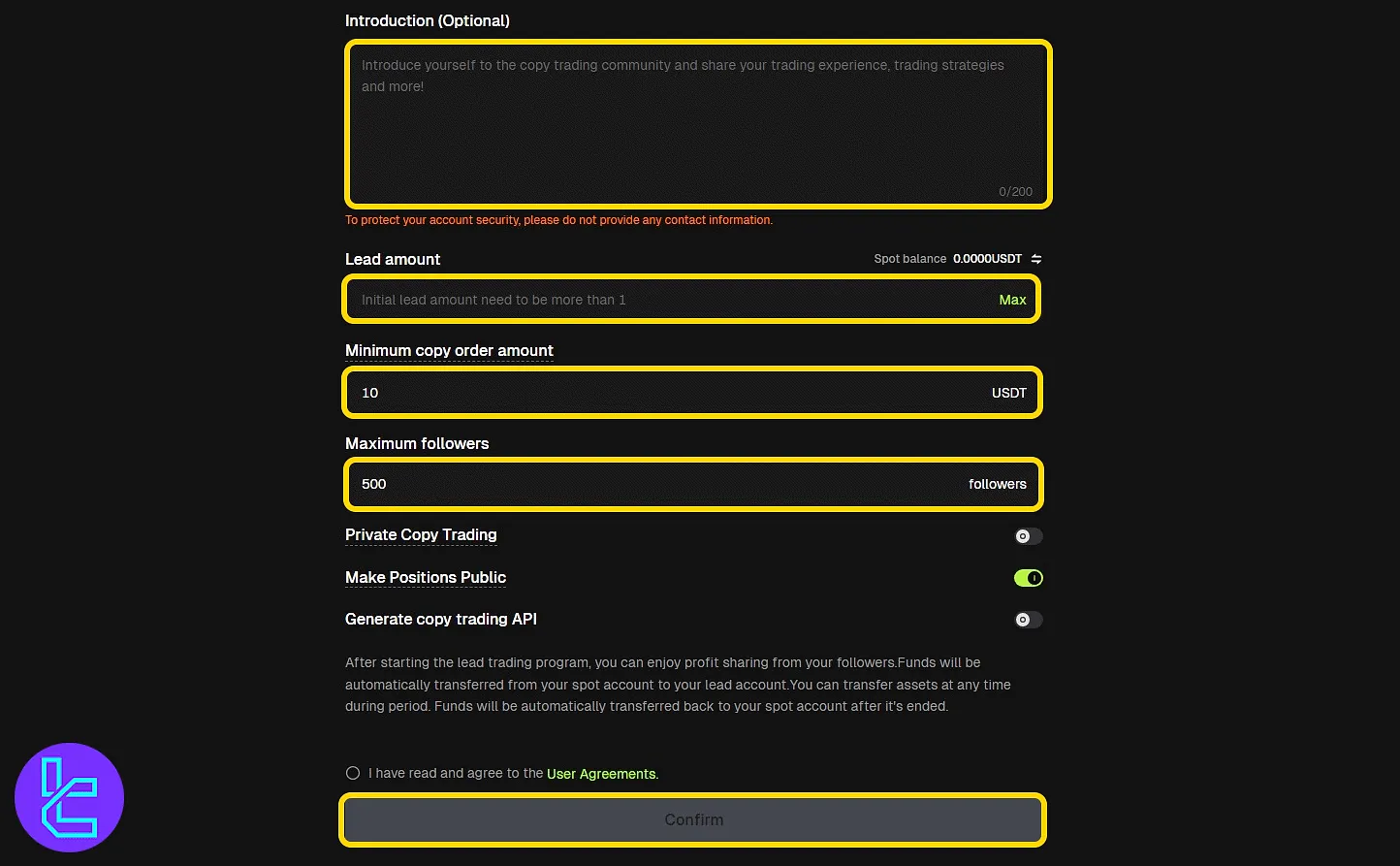 Bitunix lead trader signup form with capital and copy settings