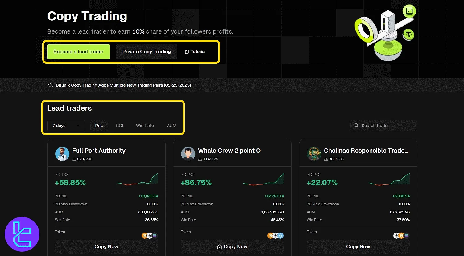 Bitunix mirror trading dashboard with filters and trader tools