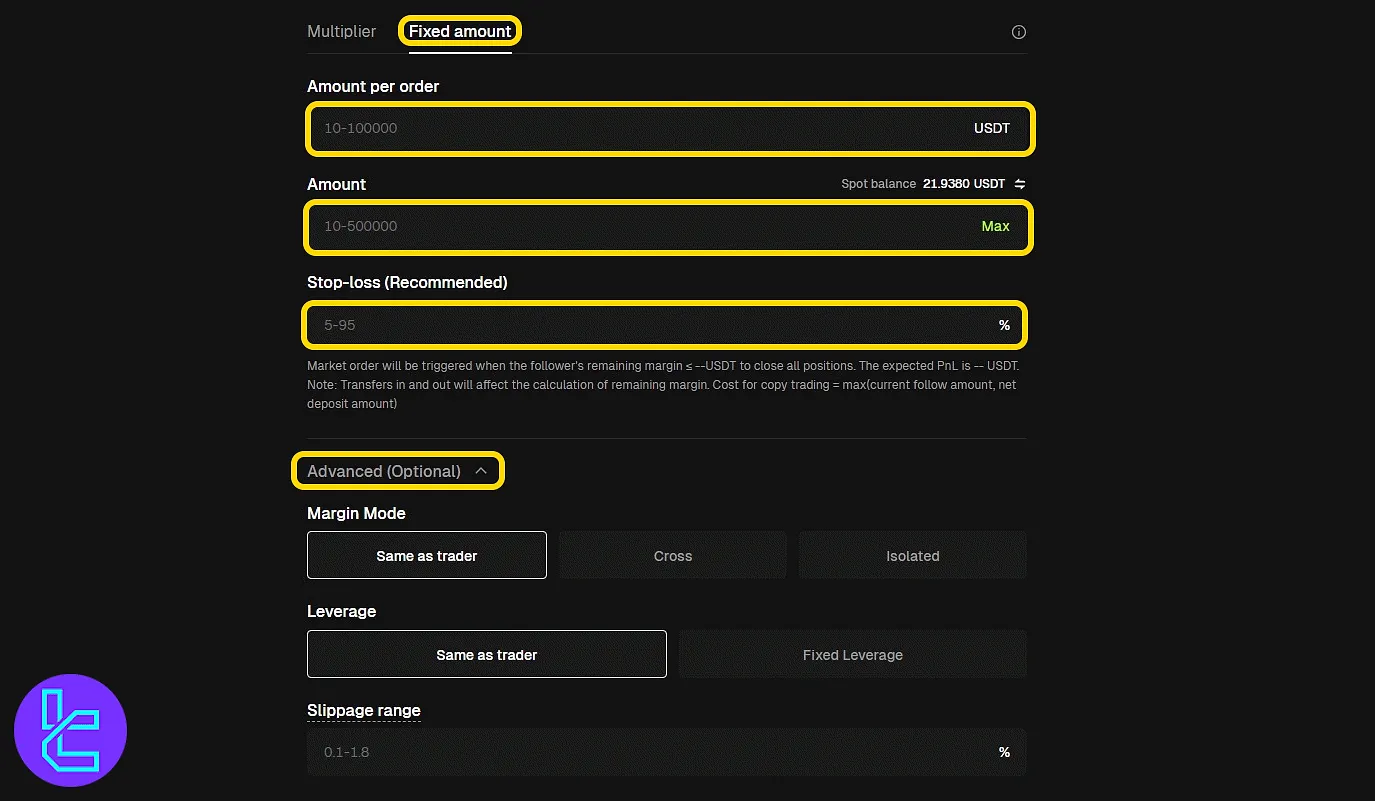 Bitunix "Fixed amount" social trading setup interface