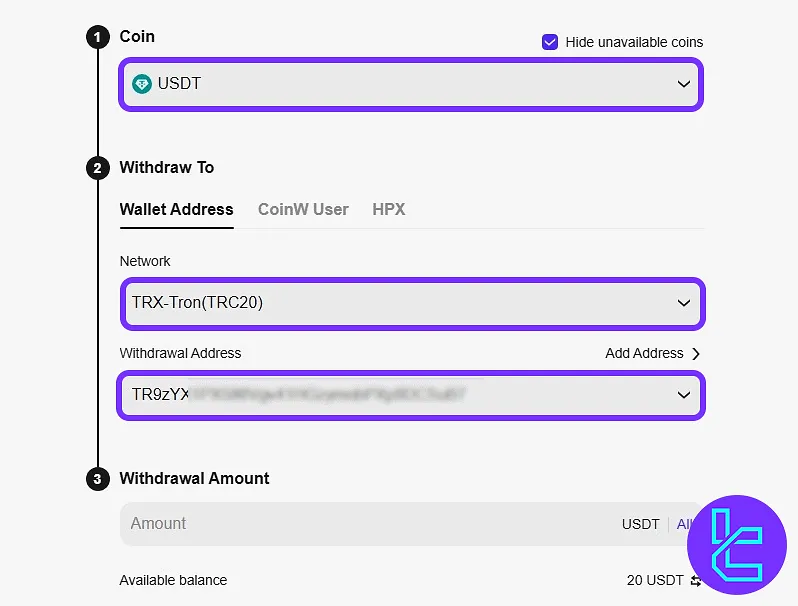 Filling out CoinW TRC20 withdrawal form with address and amount