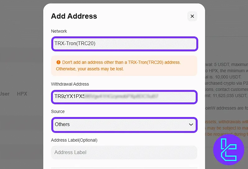 CoinW cash-out address setup using TRC20 network settings