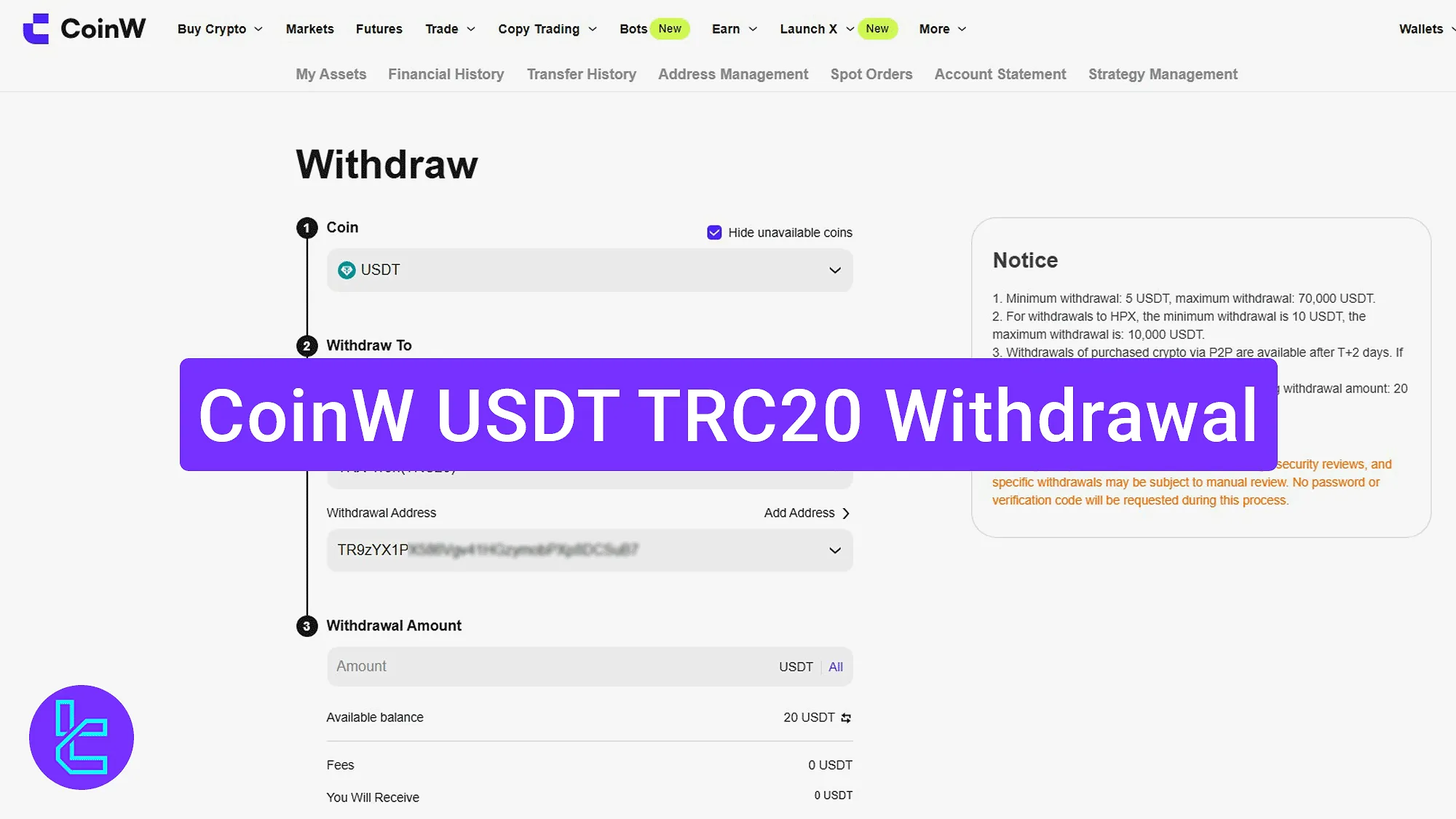 CoinW Tether USDT cash-out tutorial with settings and process overview