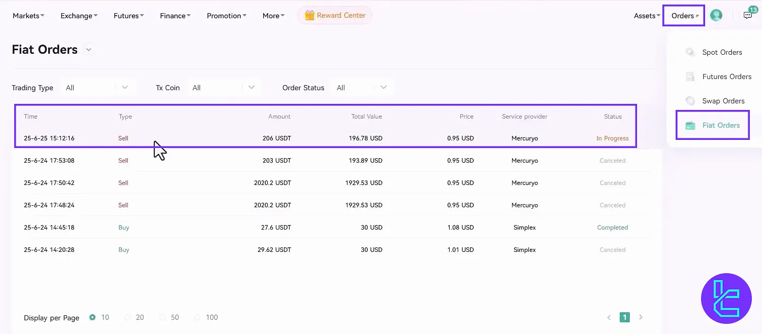 Fiat orders tab in CoinEx Visa/MasterCard payout
