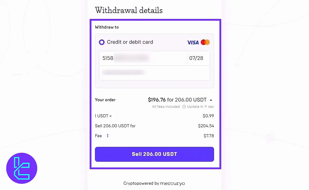 Entering card details for CoinEx Visa/MasterCard payout