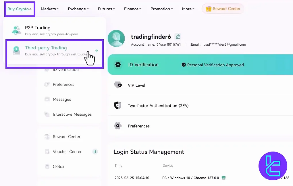 CoinEx Visa/MasterCard withdrawal buy crypto tab