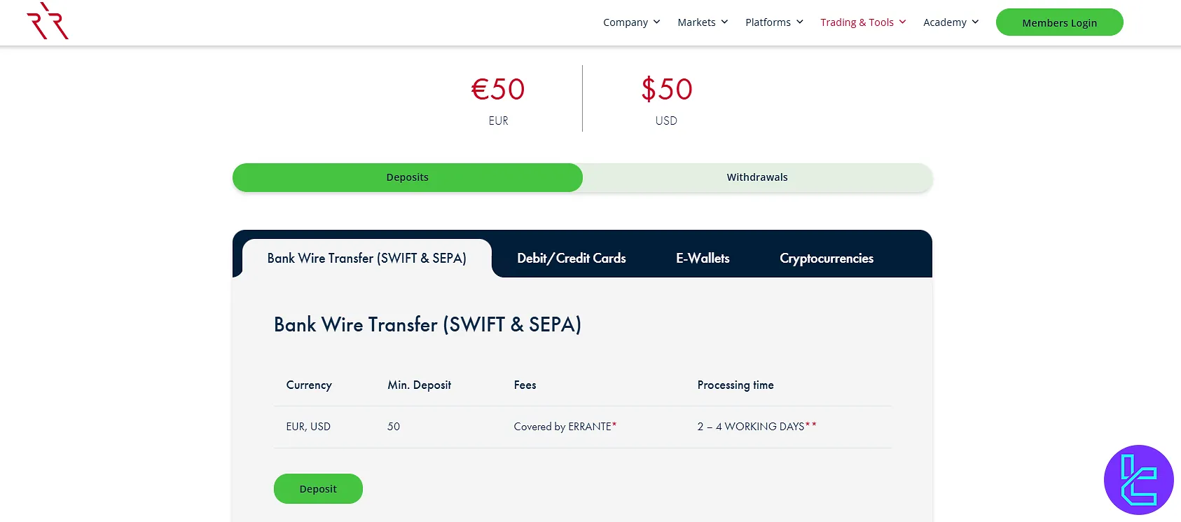 Deposit and withdrawal at Errante