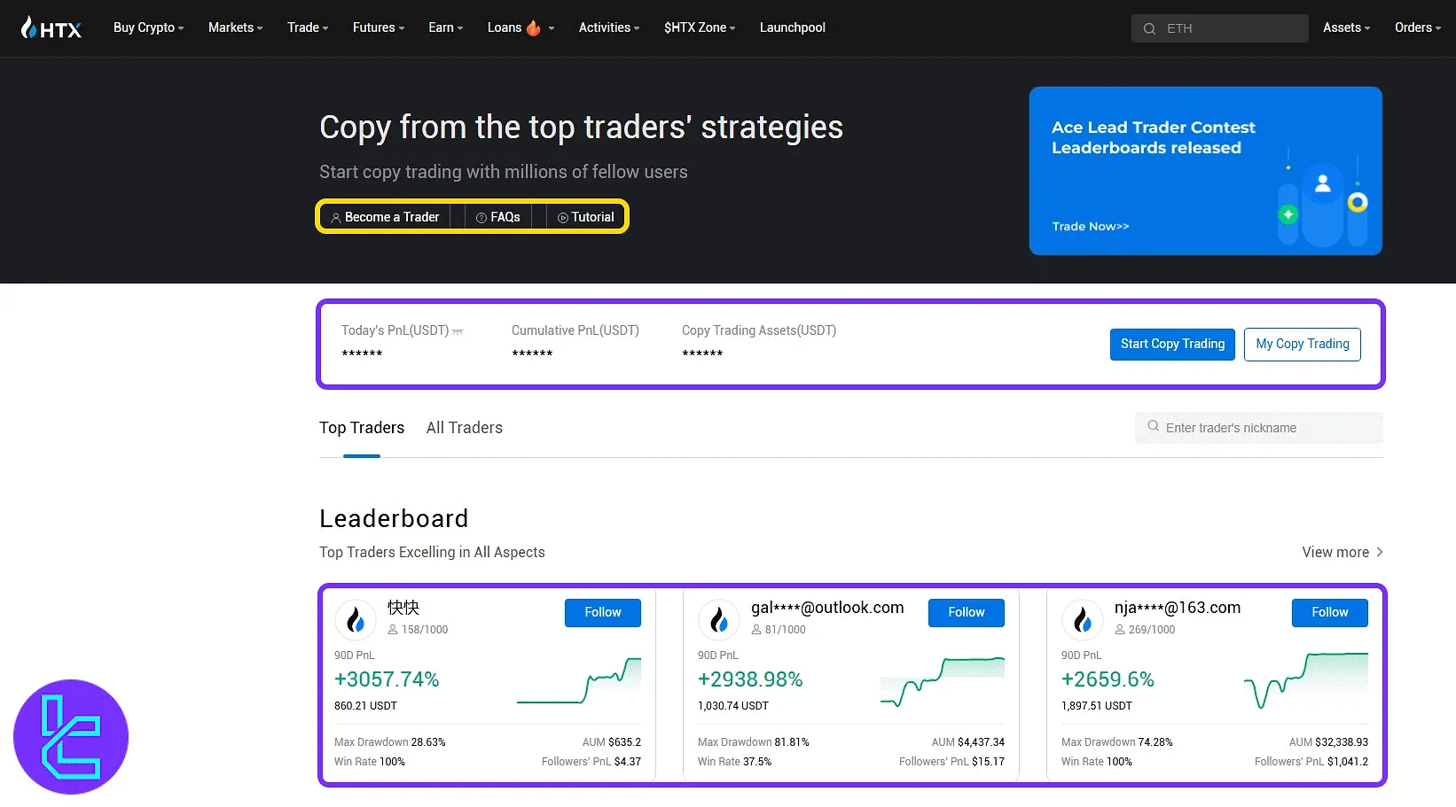 HTX social trading dashboard with trader list and overview