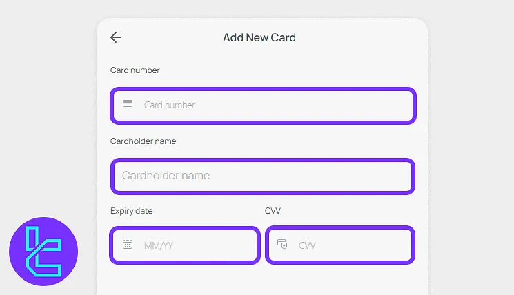 LATOKEN add card form showing required credit card fields to fund your account