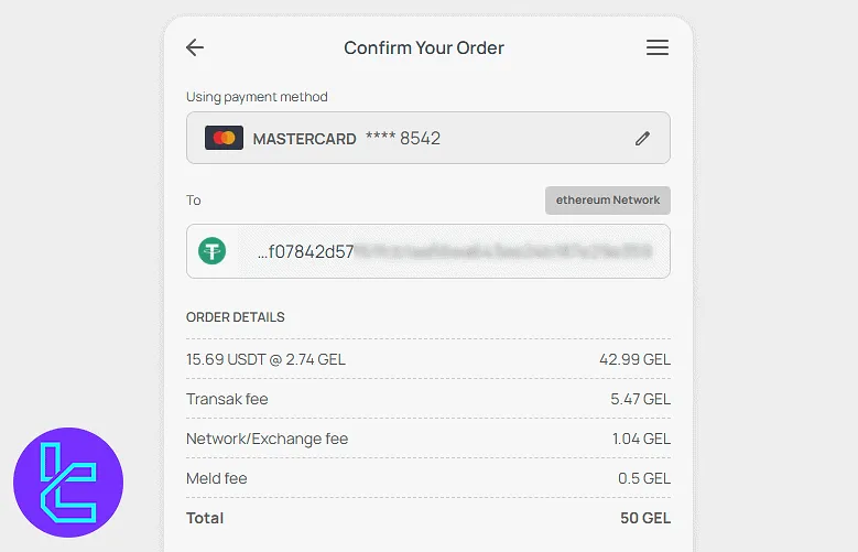 LATOKEN Visa/Mastercard transaction summary before final confirmation with fee breakdown