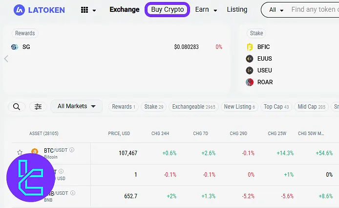 LATOKEN dashboard showing top menu with "Buy Crypto" option to fund your account with Visa/Mastercard