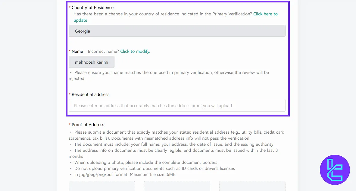 Proof of address section for CoinEX KYC