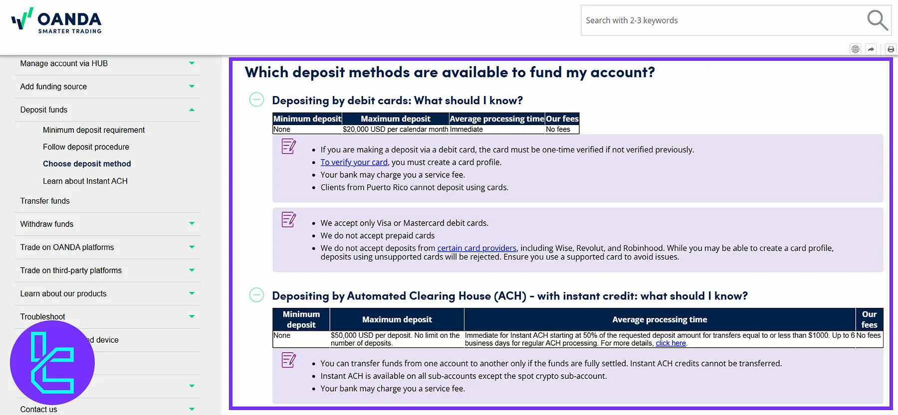 OANDA US Deposit Methods
