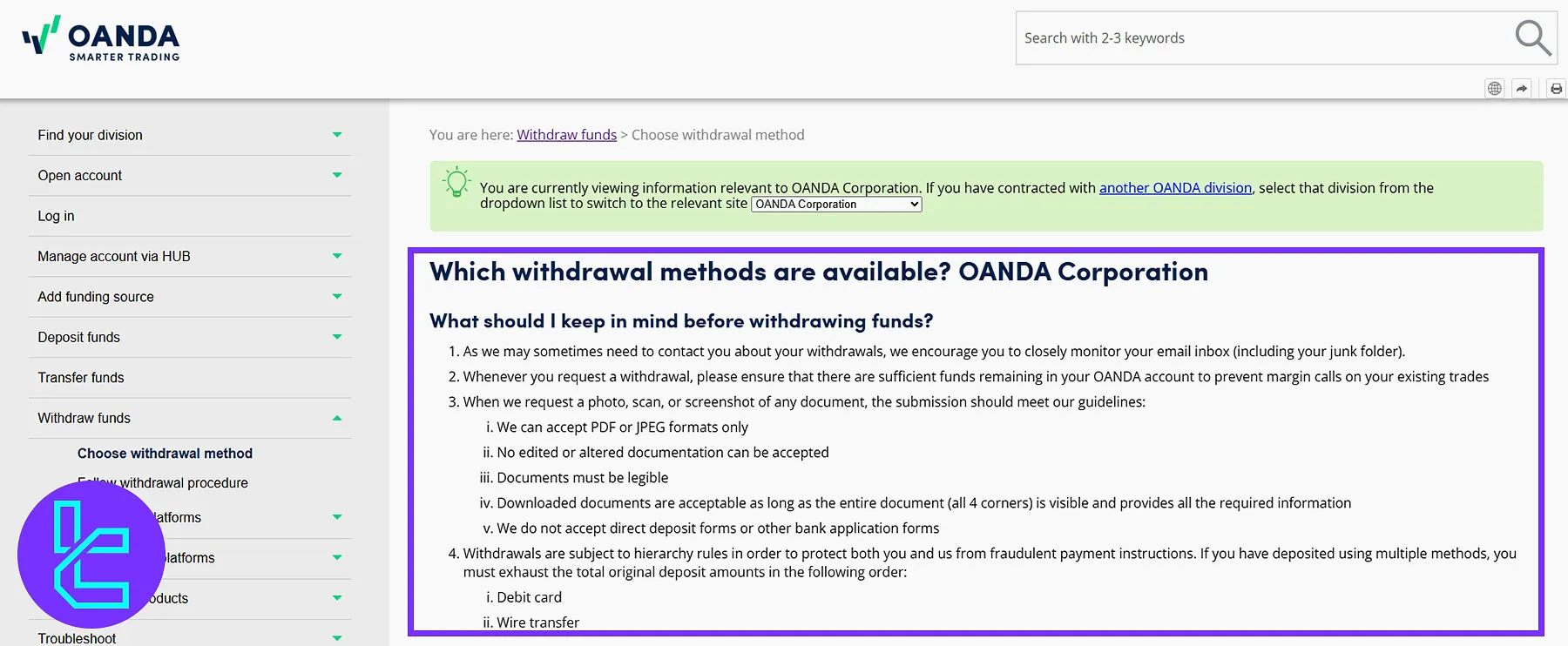 OANDA US Withdrawal Methods