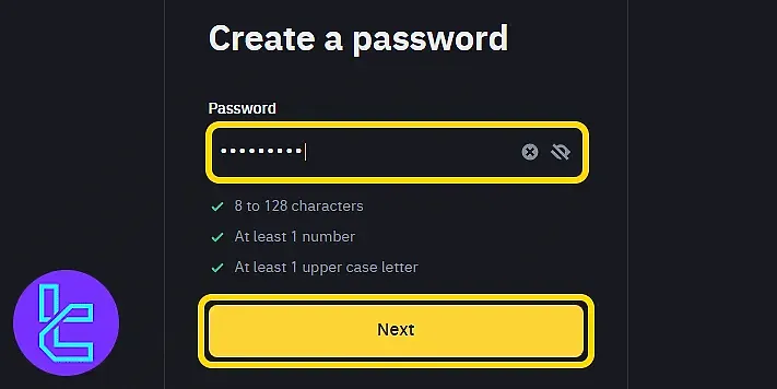 Binance password creation form with security guidelines to complete the account setup