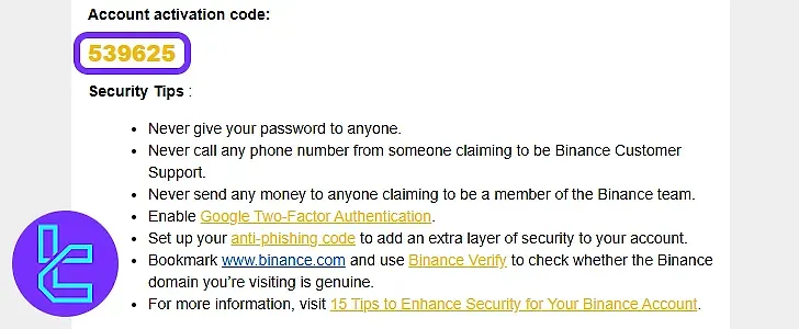 Binance email with verification code for account sign-up