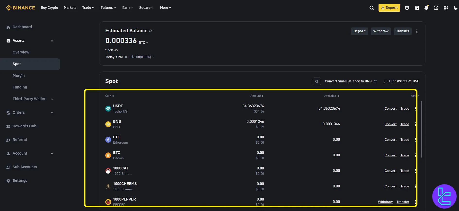 Binance Assets section