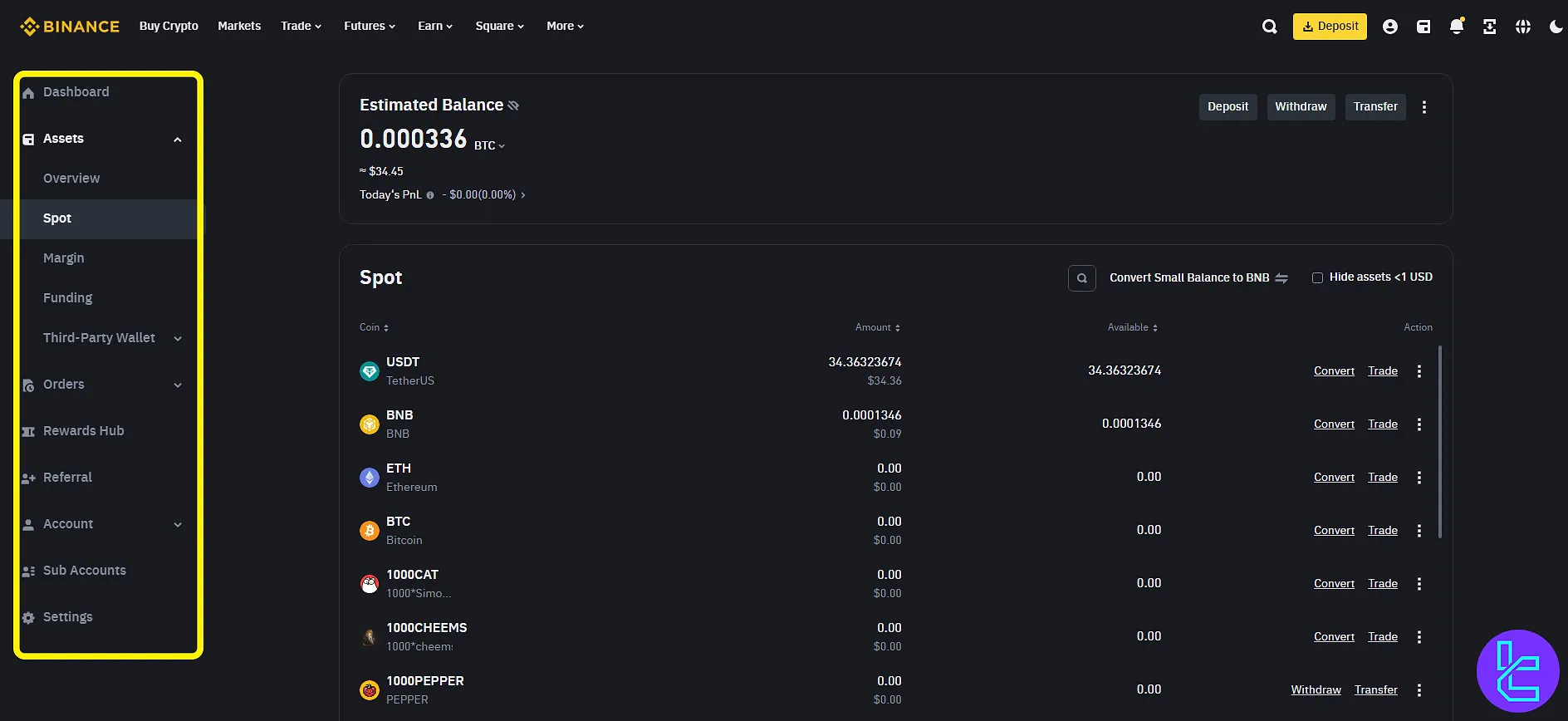 Binance Navigation section