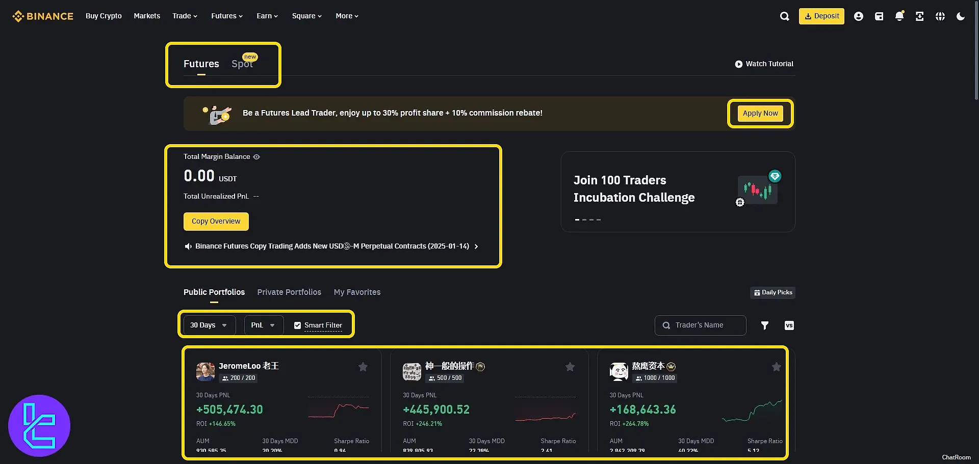 Binance social trading interface with lead trader portfolios