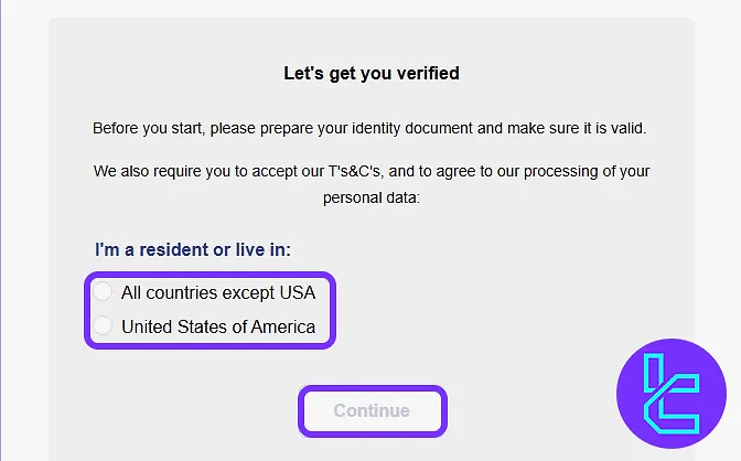 Paybis residency status selection step in the authentication process