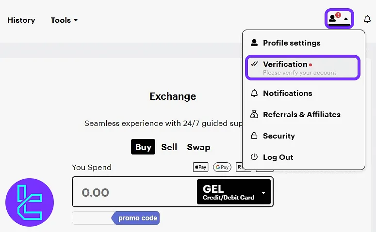Paybis account confirmation menu access from the dashboard