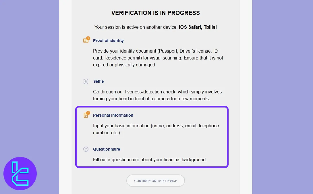 Paybis personal information and questionnaire entry in the account confirmation