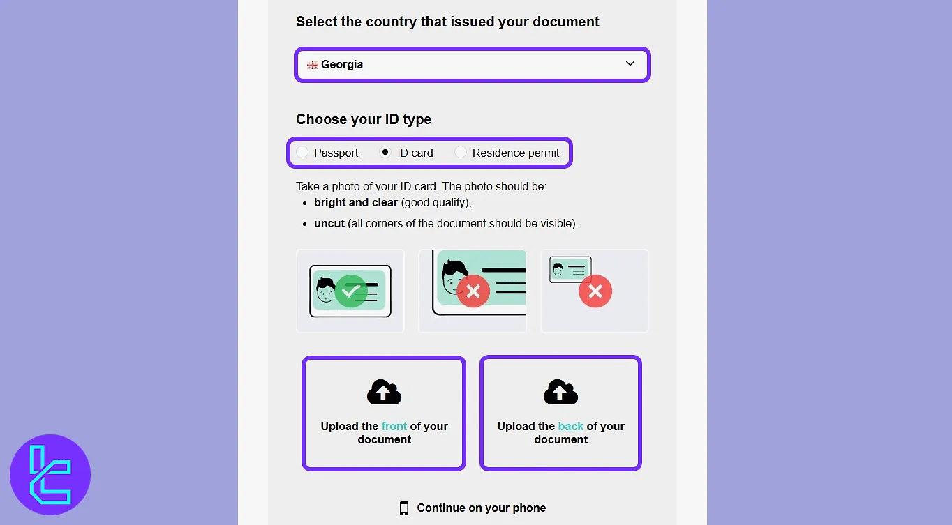 Paybis document upload options in the account approval process