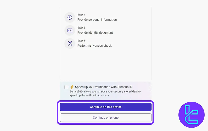 ProBit KYC steps list with continue on this device or continue on phone options
