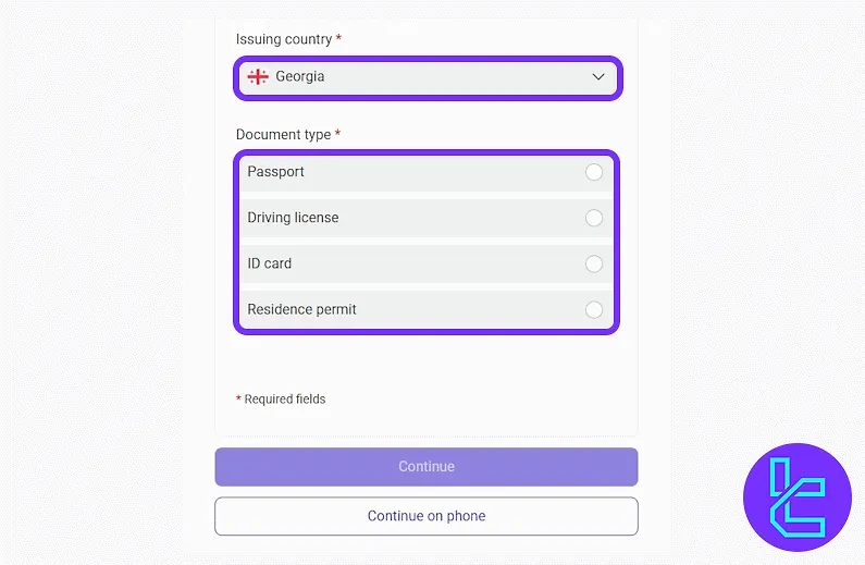 ProBit document selection issuing country and ID type (passport, driving license, ID card, residence permit)