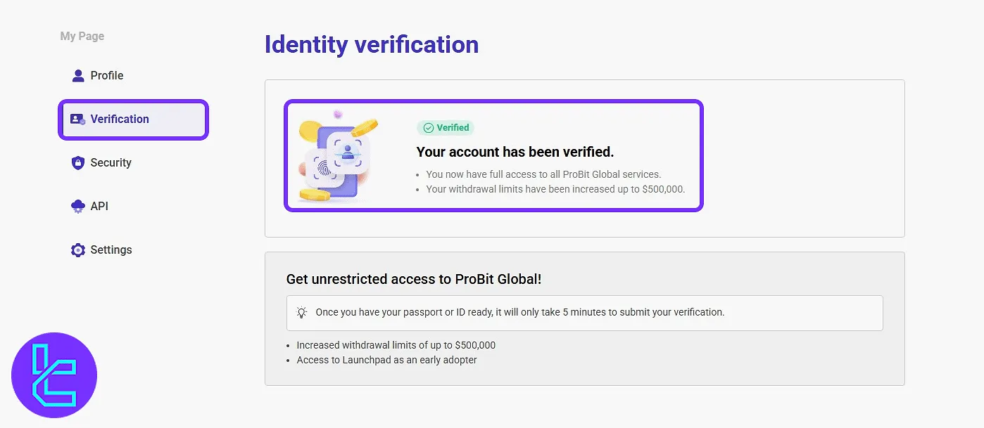 ProBit verified account status on identity check page