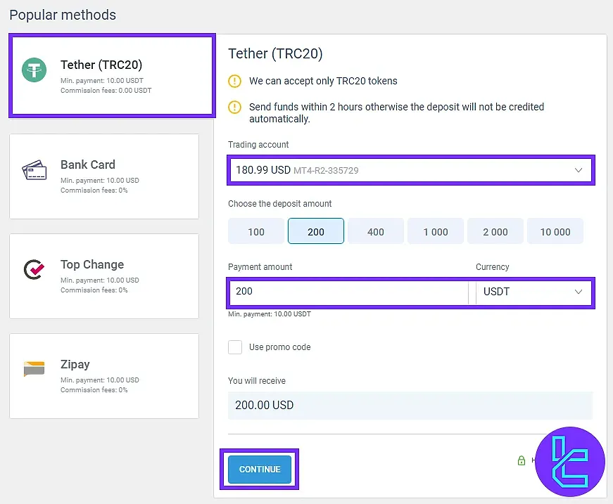 Deposit via TRC20 to LiteFinance