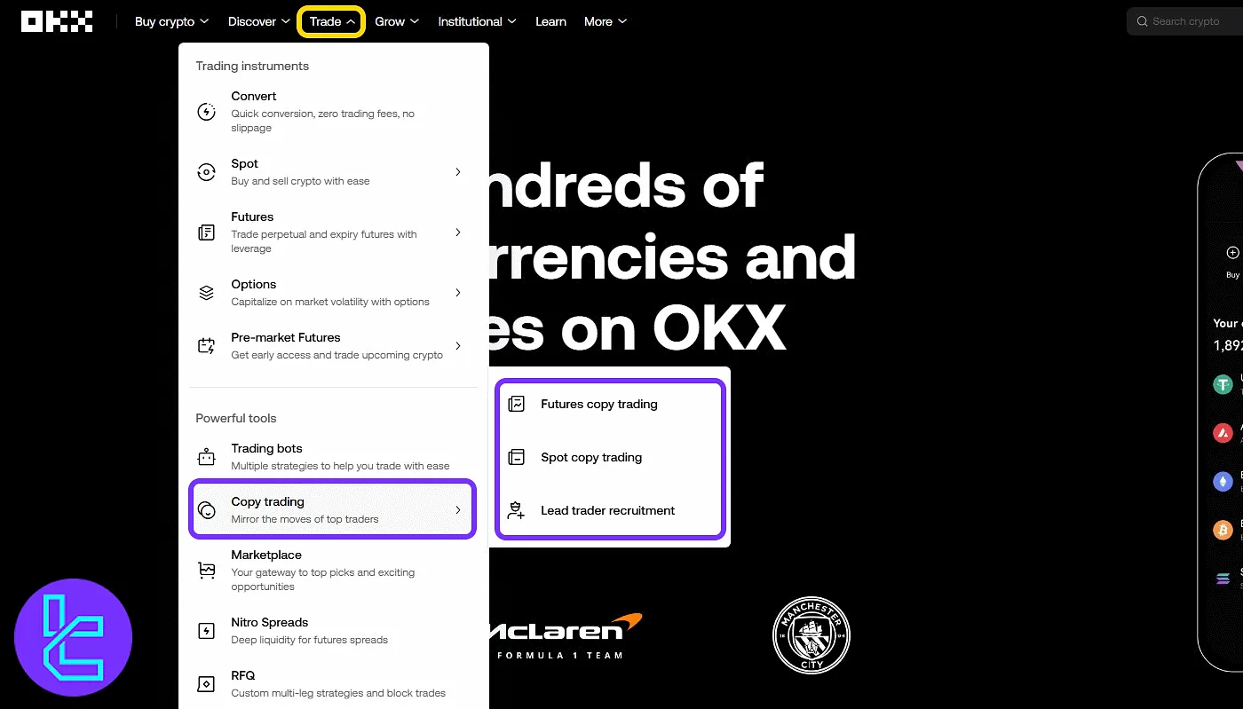 Accessing the OKX social trading section via the main menu