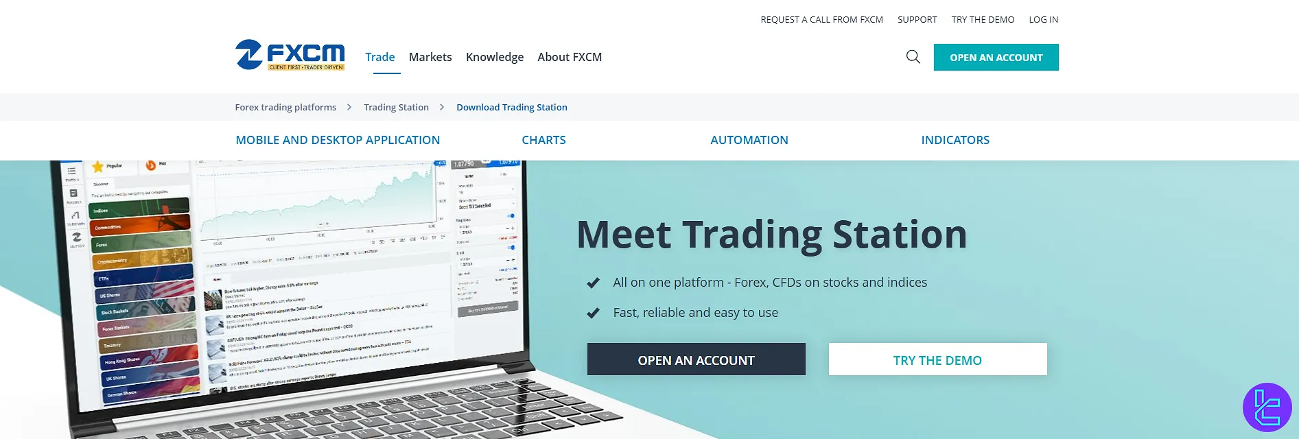 Landing page of FXCM’s Trading Station