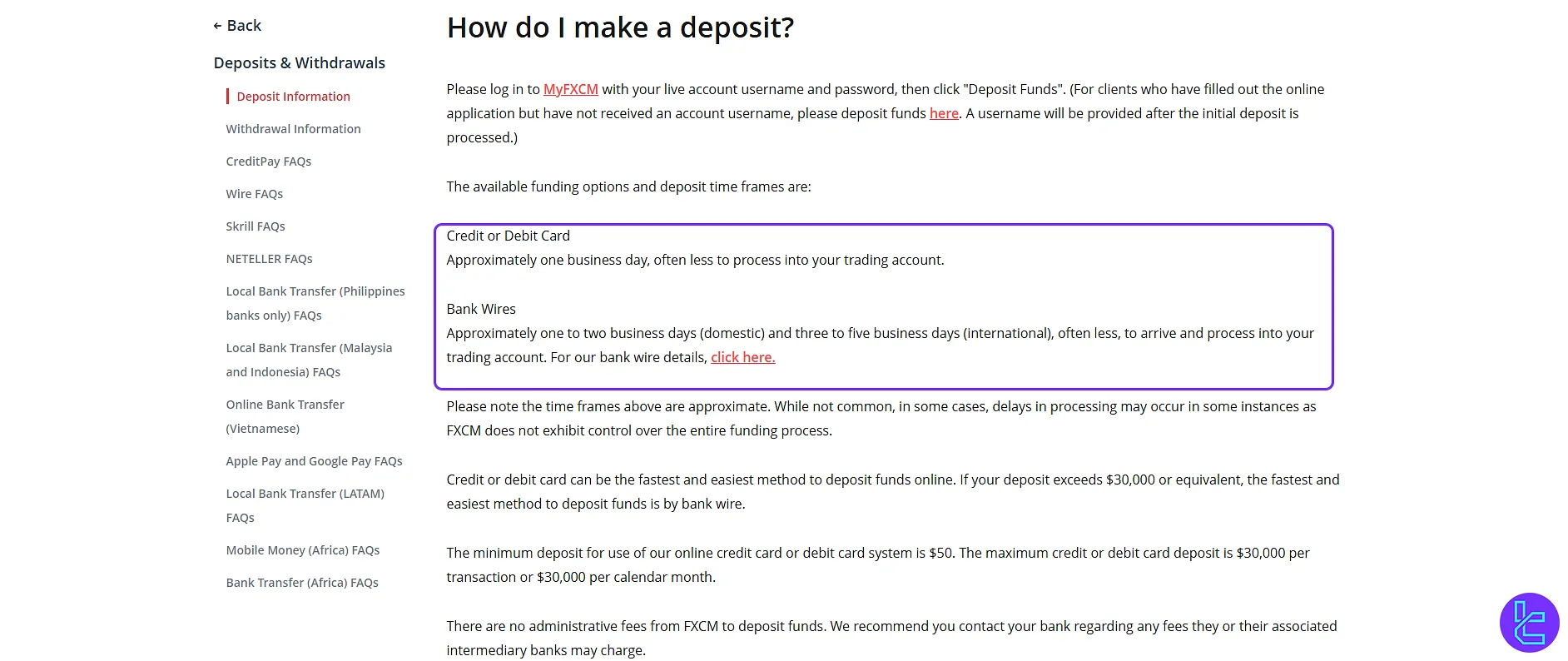 guide for depositing funds into an FXCM trading account