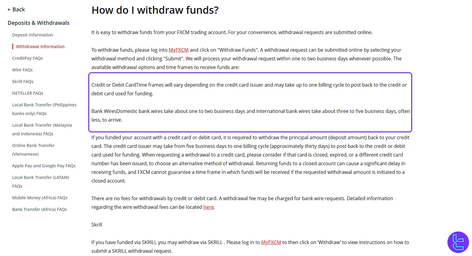 guide for withdrawing funds from an FXCM trading account