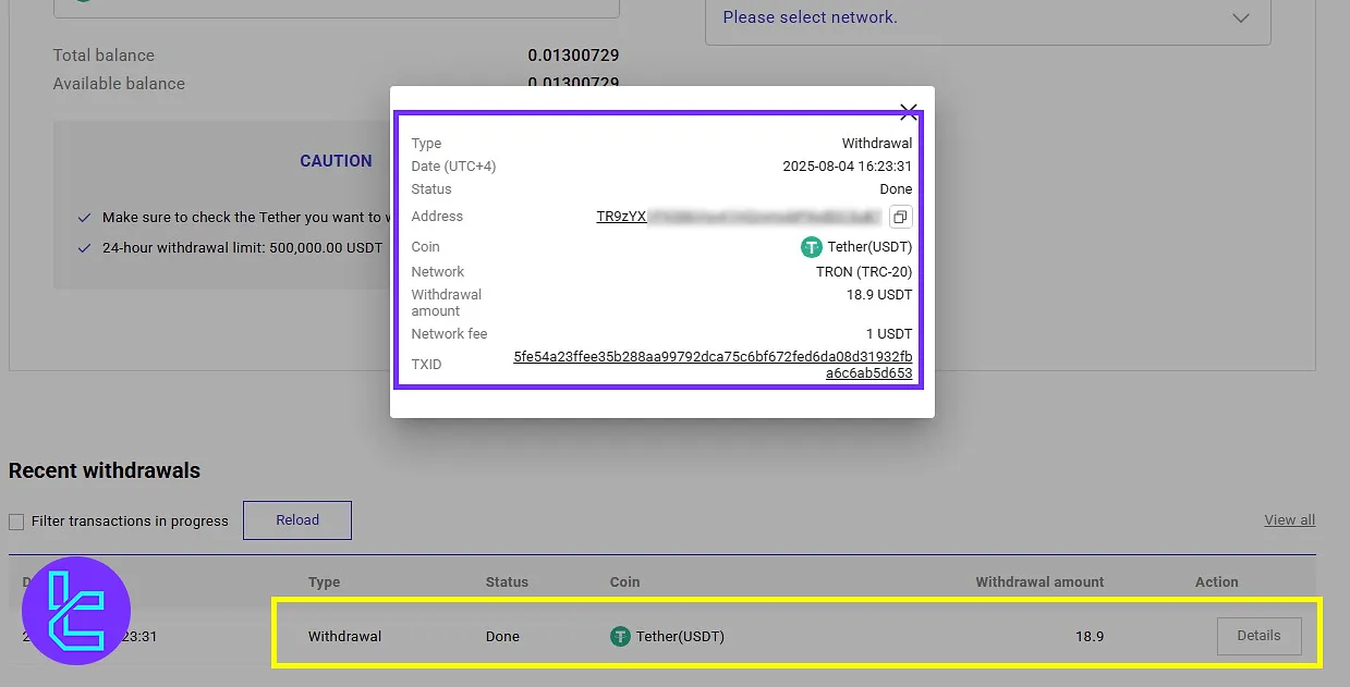 ProBit USDT TRC20 withdrawal tracking screen