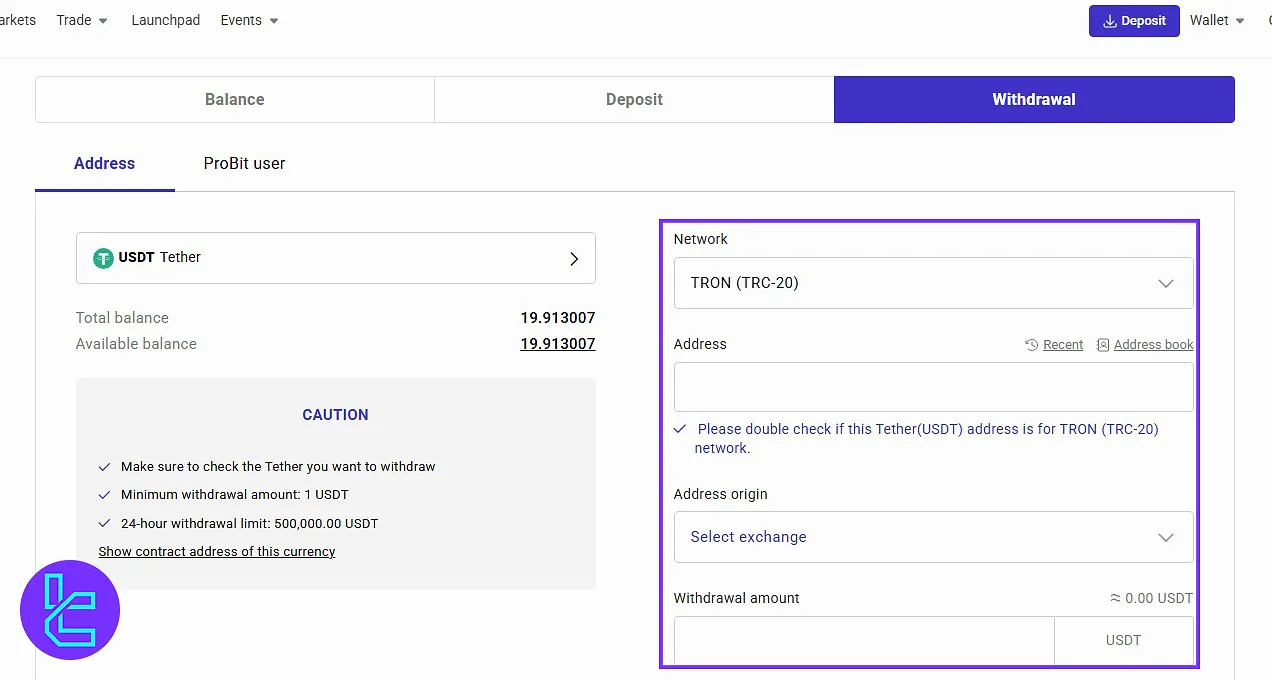 ProBit USDT TRC20 withdrawal form