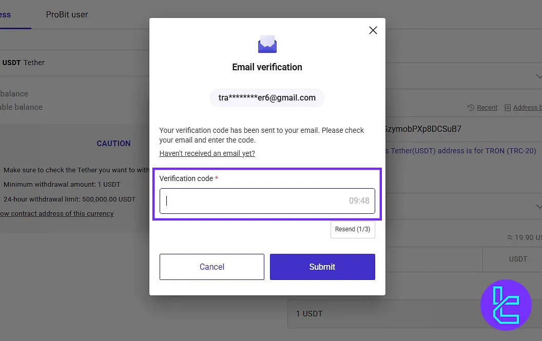 Verification code entry in ProBit USDT TRC20 withdrawal