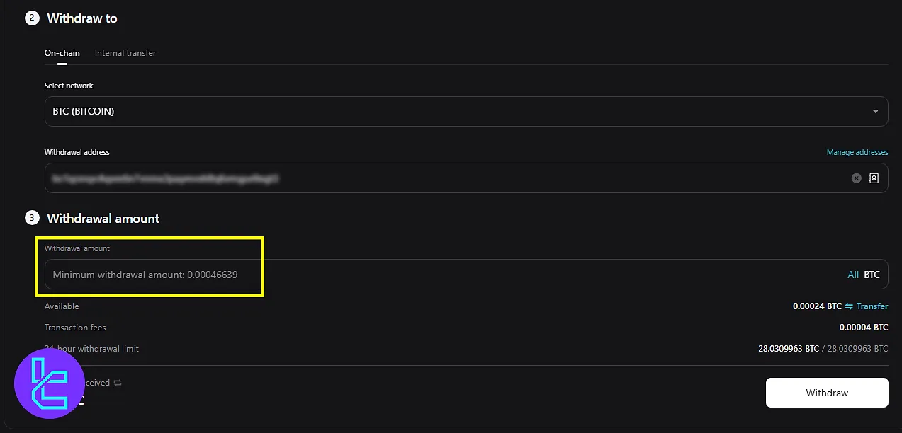Inserting the amount and confirming the Bitcoin withdrawal on Bitget