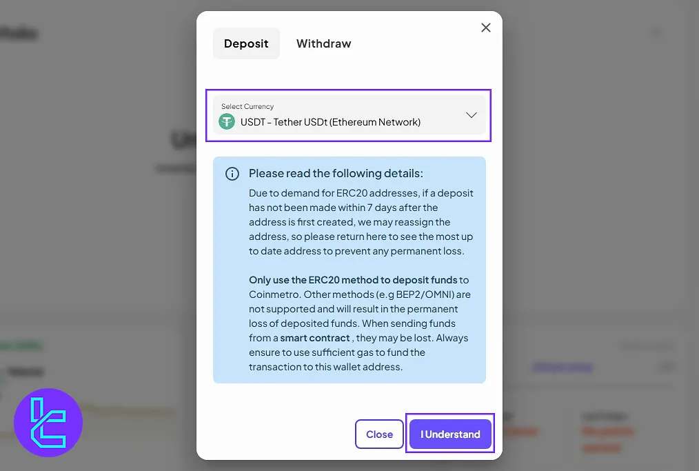 Selecting USDT for Coinmetro Tether ERC20 funding