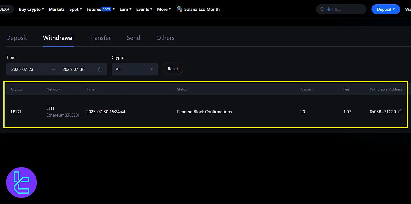Tether ERC20 withdrawal tracking on MEXC