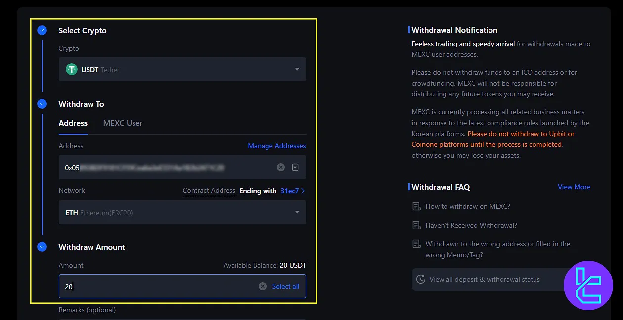 Inserting the withdrawal details to withdraw Tether ERC20 from MEXC