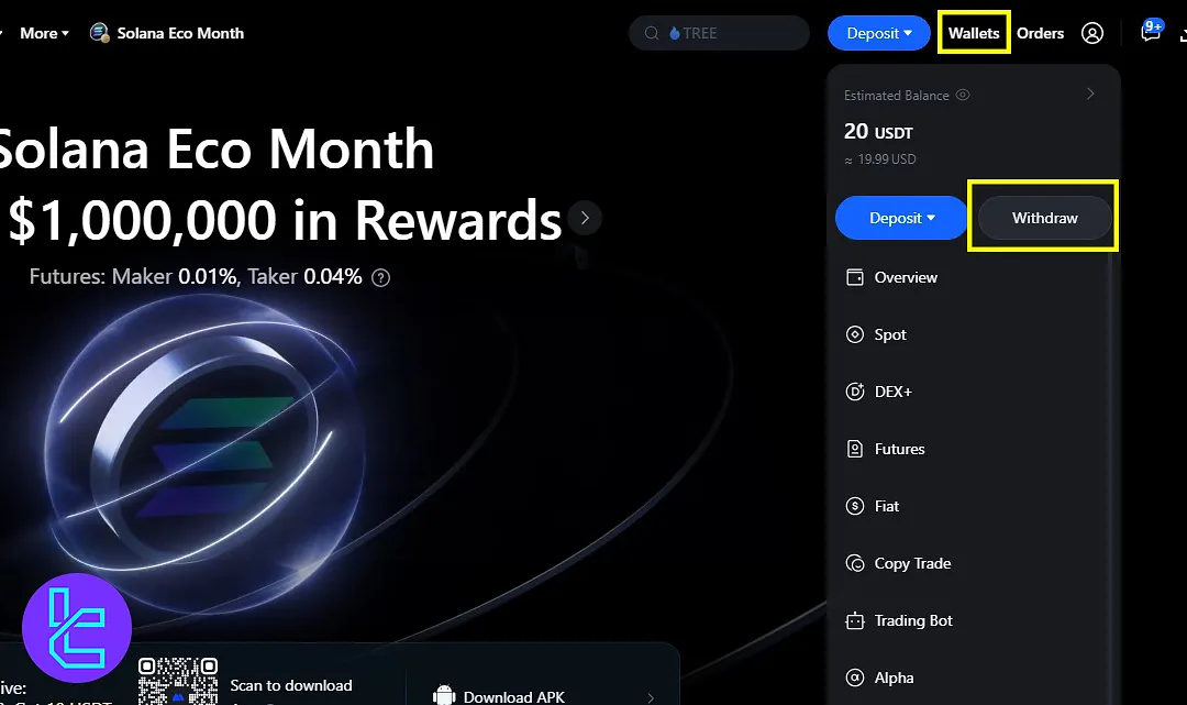 Starting the USDT ERC20 withdrawal in MEXC
