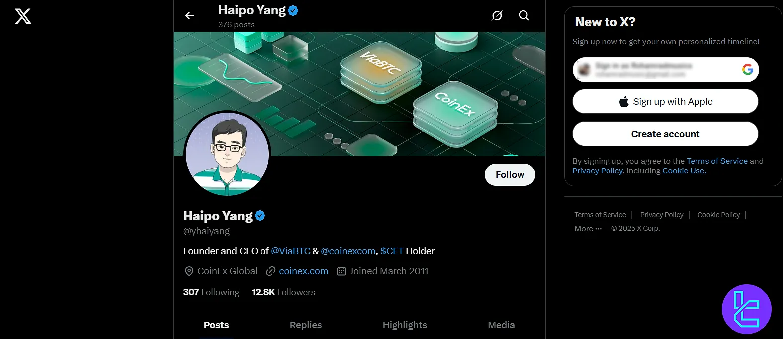 CoinEx CEO profile on X